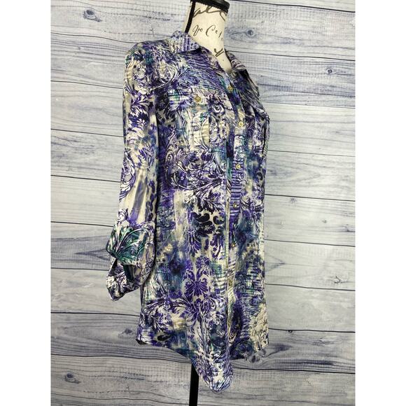 Chicos 0 Tunic Shirt Womens S Roll Tab Pleated Back Drape Divine Damask Athens - Picture 1 of 13